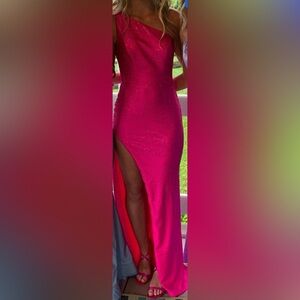 Jovani hot pink iridescent one shoulder sequined prom dress with side slit; 2